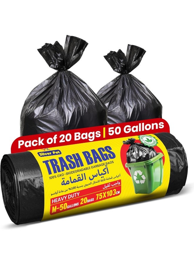Silver Pot 50 Gallon Garbage Bags, Pack of 40 Large Black Trash Bags, 75cm x 103cm, Extra Strong & Leak Proof Waste Bags for Home, Office & Outdoor Use - 2 Packs of 20 - Image 1